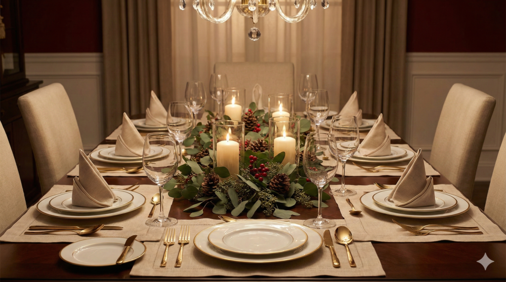 Mesa Posta de Natal elegante com aparelho de jantar sofisticado, sousplats, centro de mesa natural e guardanapos dobrados com cuidado