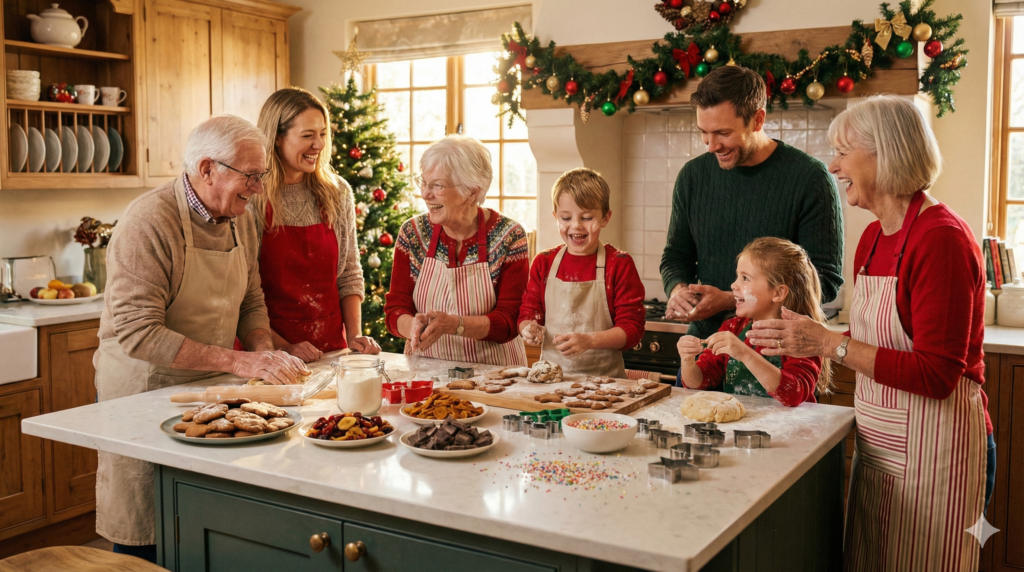 Receitas de Natal práticas sendo preparadas por crianças e adultos em família na cozinha